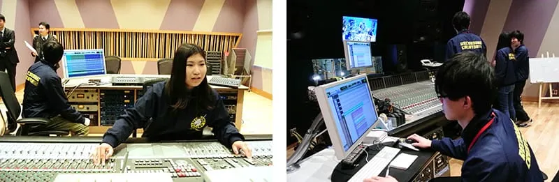 左に懸命に70本分の調整をしている学生、右にデジタル画面で慎重に調整を行う学生の様子