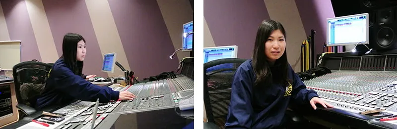 左にレバーを操作しながら真剣な表情をしている学生の様子、右にインタビューに応じているややリラックスした様子の学生