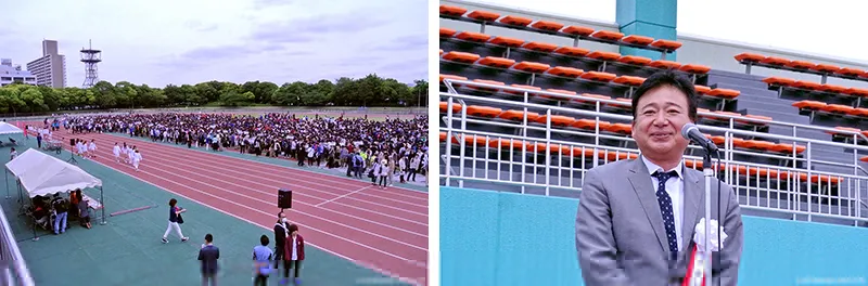 左にトラックの内側に集まった生徒達、右に挨拶をする理事長