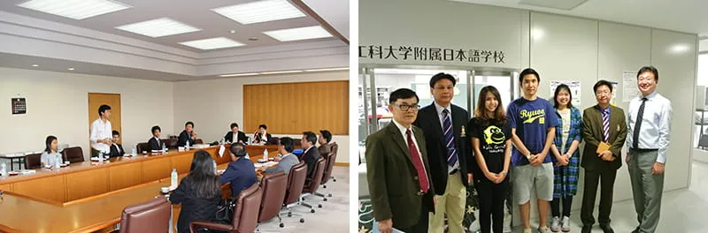 左に会議室で留学生と面会、情報交換を行っている様子、右に日本語学校玄関前で留学生たちと記念撮影をしている様子