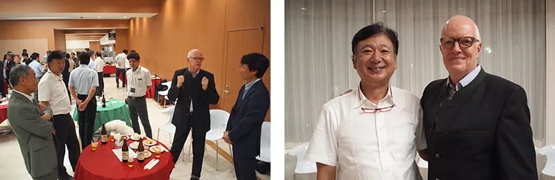 左に立食式の会場で食事を楽しみながら親睦を深めている様子、右にロブ氏と理事長の笑顔のツーショット