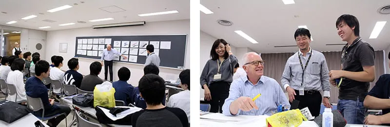 左に学生たちが制作したデザイン画を講評している様子、右にペンを手に学生や講師たちと談笑するロブ氏