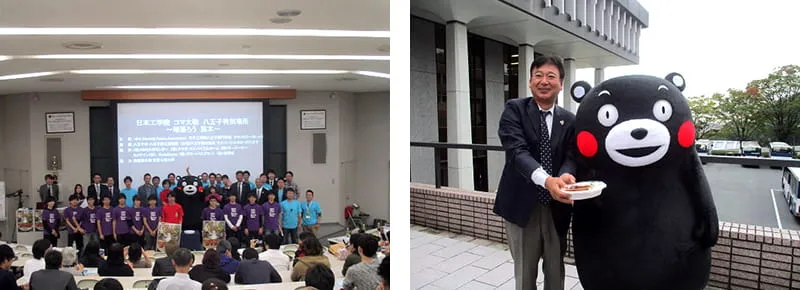 左に壇上でくまモンを囲んだ参加チームたちの記念写真、右にくまモンと理事長の記念写真