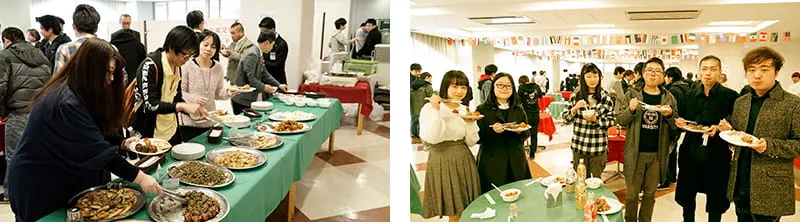 人気のメニューが一目で分かるバイキングの風景と、おいしく食べている留学生たちの写真2枚