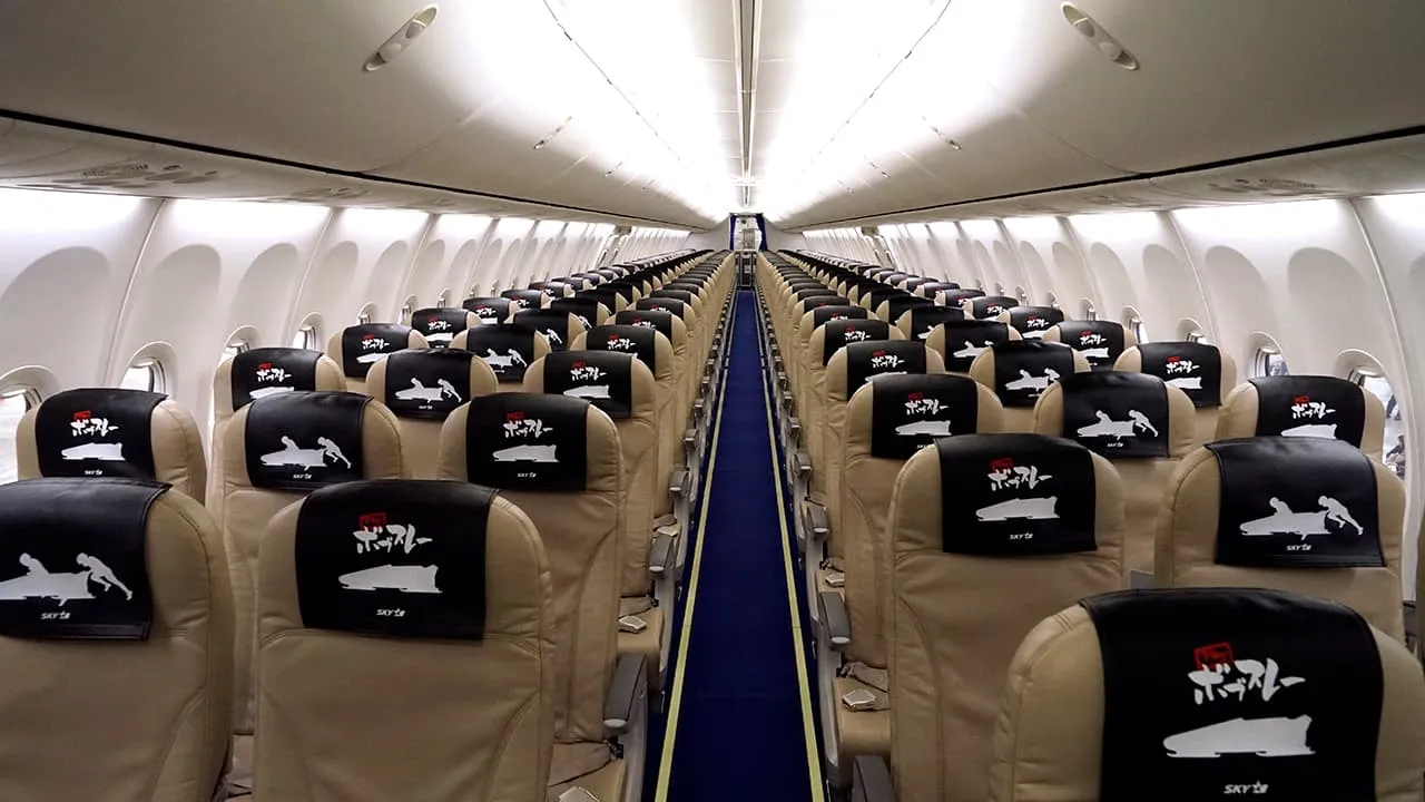 座席が左右に3列ずつ並ぶジェット機の機内の様子