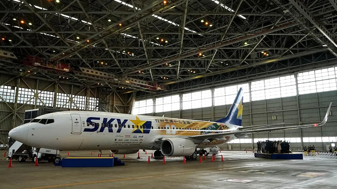 人が爪楊枝くらいの大きさに見える飛行機の全体と、更に何倍も大きいガレージの写真