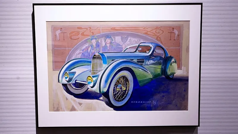 青を中心に寒色で統一されたクラシックな自動車のイラスト