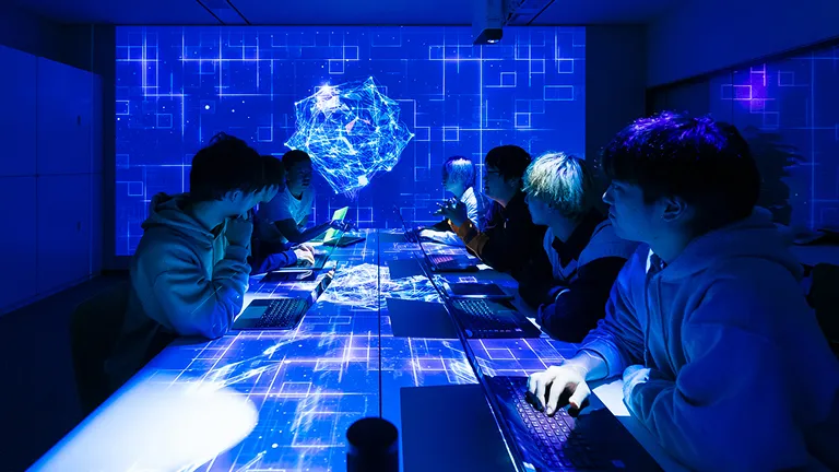 青いライトが印象的なAI実践センター