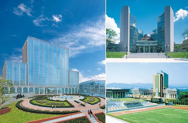 左に蒲田キャンパス校舎、右上に八王子キャンパス校舎、右下に八王子キャンパス片柳研究所棟の画像