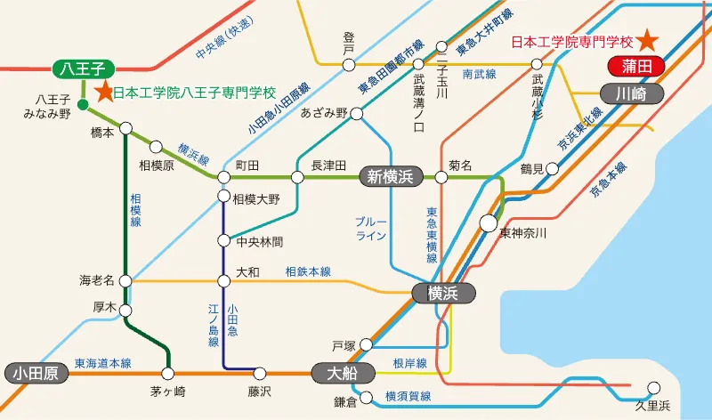 神奈川県から通学に使用できる路線図を主要な駅と共に大まかに表示したマップ