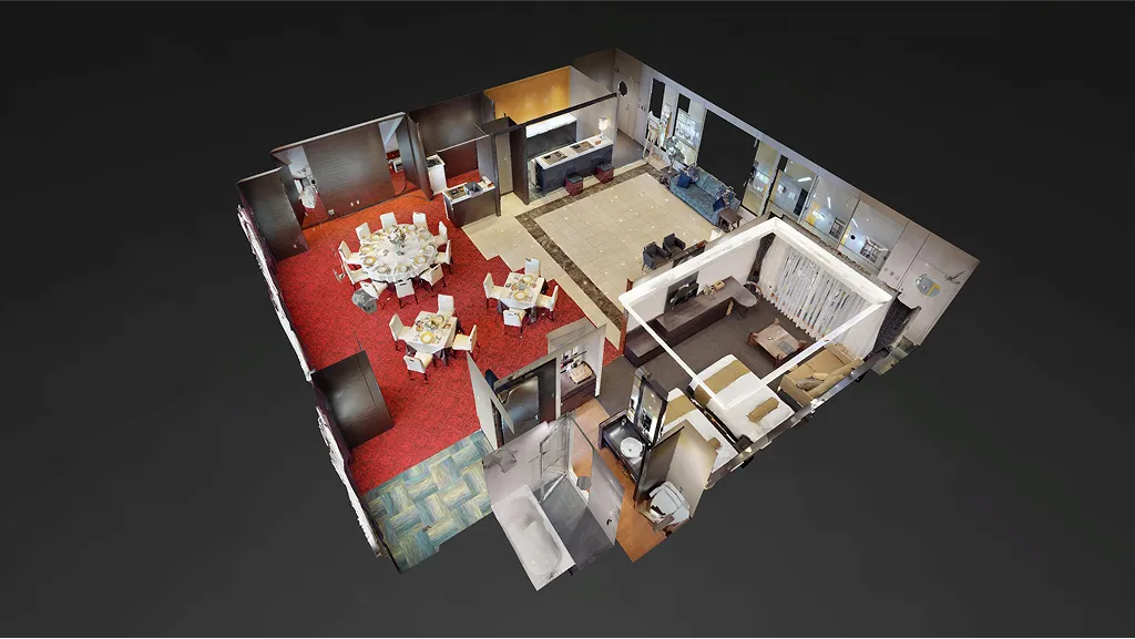 円卓が配置されたレストランエリアやリビングルームなどの多様なフロアプラン図