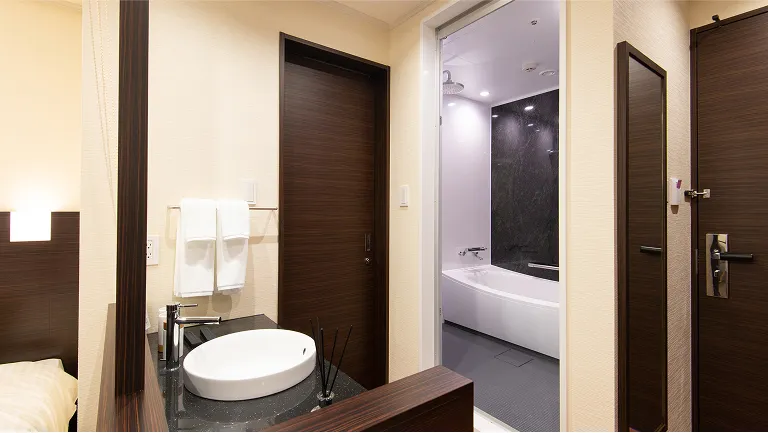 清潔でモダンなデザインの洗面台、トイレ、バスタブのある実習室