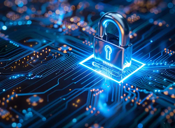 サイバー攻撃や悪意あるAIから私たちの生活を守るセキュリティのイメージ