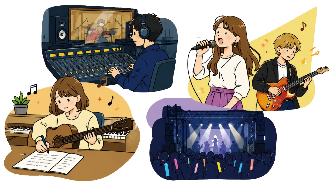 女性ボーカルと男性ギタリスト、ミュージシャンの録音をするイラスト