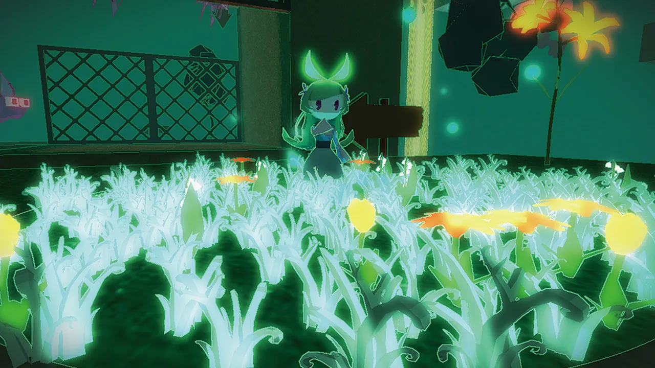 緑に発光する草花が広がるフィールドに、妖精のようなキャラクターが立っているゲーム画面