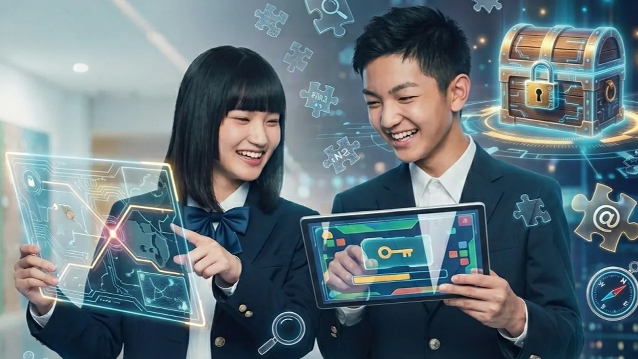 謎解きと宝探しでサイバーセキュリティを学ぶ2人の学生のイラスト