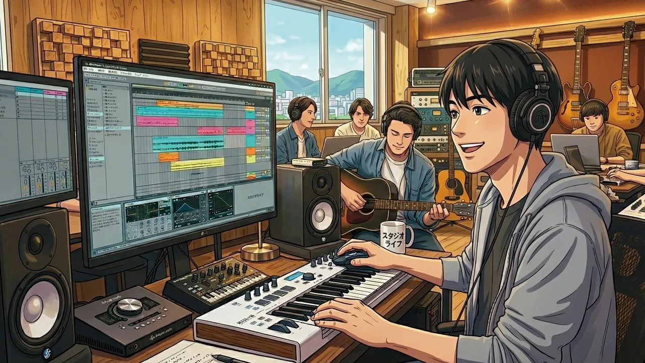 AIアプリを使って作曲をする若者たちのイラスト