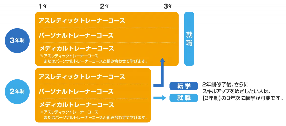 入学から卒業後までの3年制と2年制の違いを説明した図